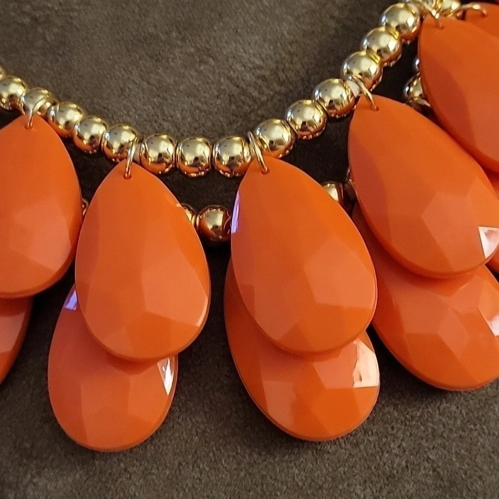 VTG Chandalier Layered Orange Teardrop Fabric Strand Plastron Necklace